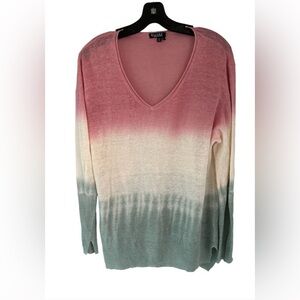 BYLYSE 100% Linen V-Neck Tunic Top Blouse Color-block Sage White Pink Size XLarg